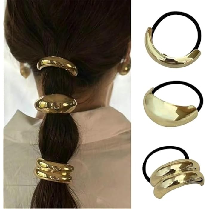 GQ 3 PCS Metal Hair Tie, Ponytail Cuff, Gold and Silver Hair Accessories for Women - Image 1